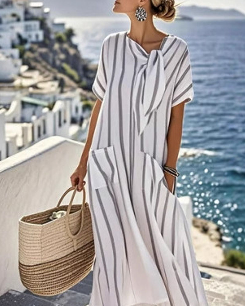 Chic Short-Sleeve Loose Maxi Dress with Bow, Pockets, and Flared Hem