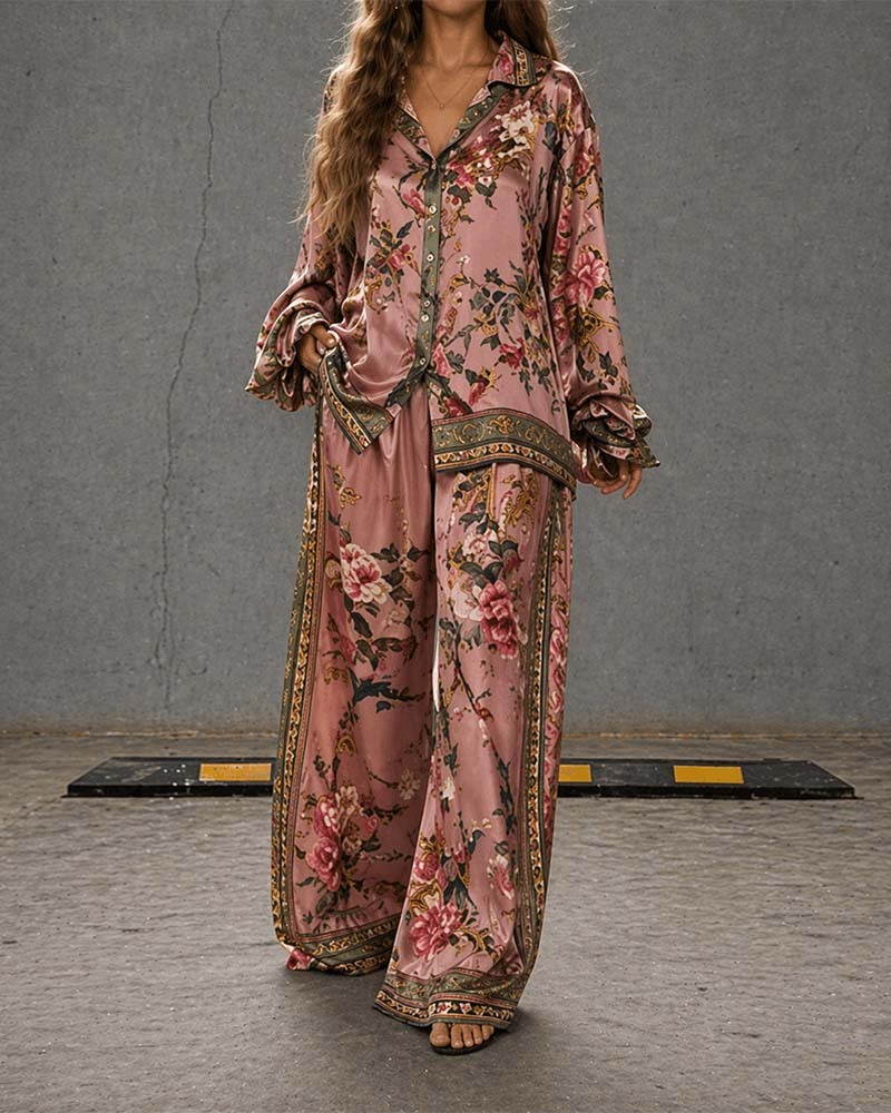 Casual Pink Flowers Print Two-Piece Set