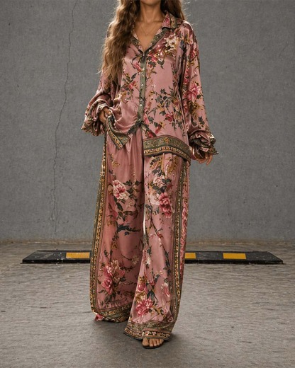 Casual Pink Flowers Print Two-Piece Set