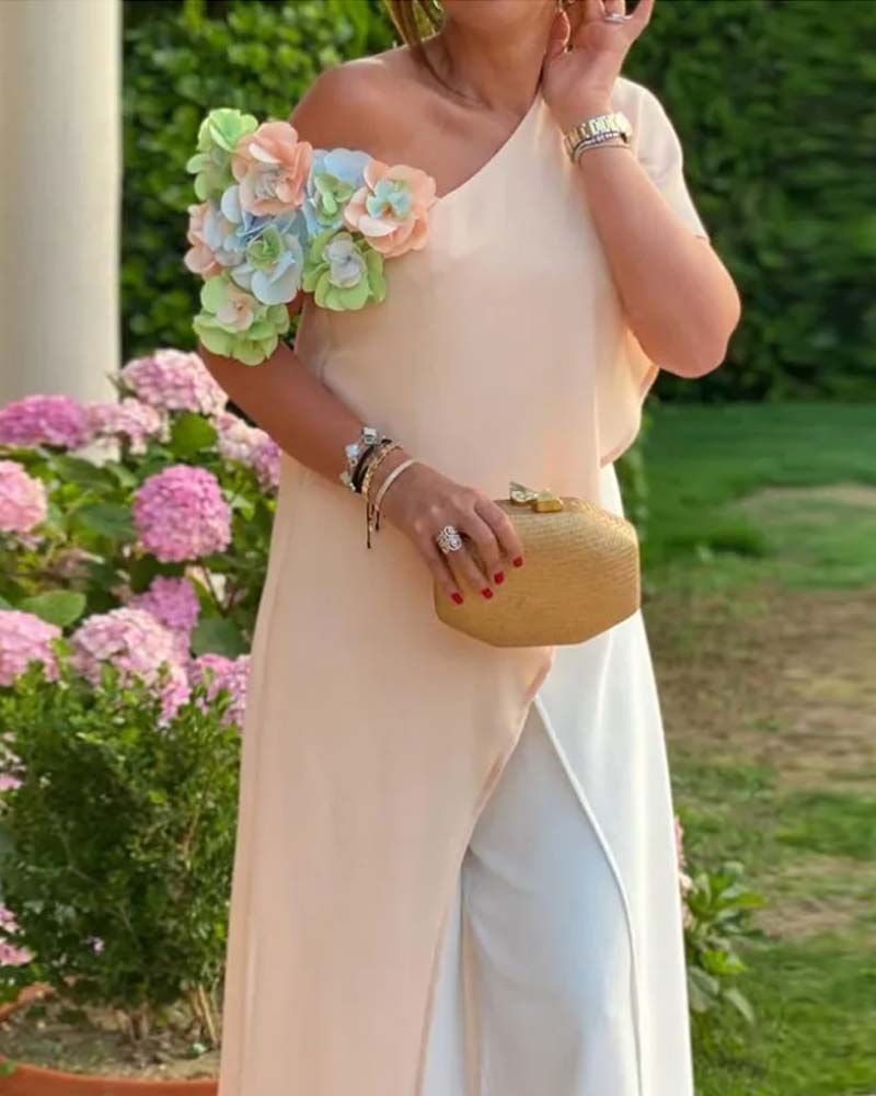 One-shoulder loose color-blocked casual jumpsuit