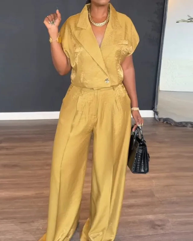 Collared short-sleeved solid color two-piece set