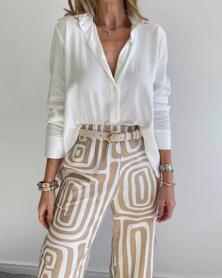 Two-piece set: collared casual solid color top + printed pants