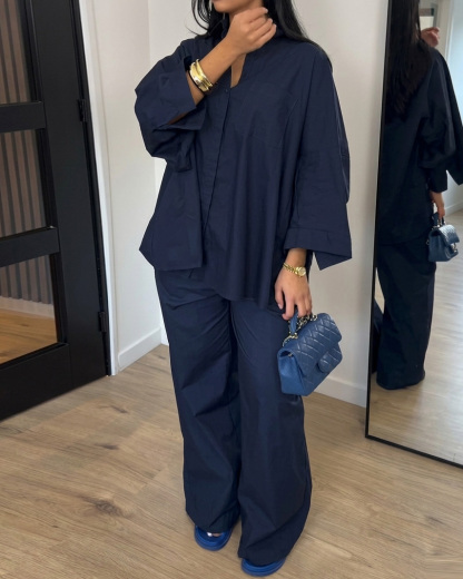 Lapel Casual Solid Color Two-Piece Set