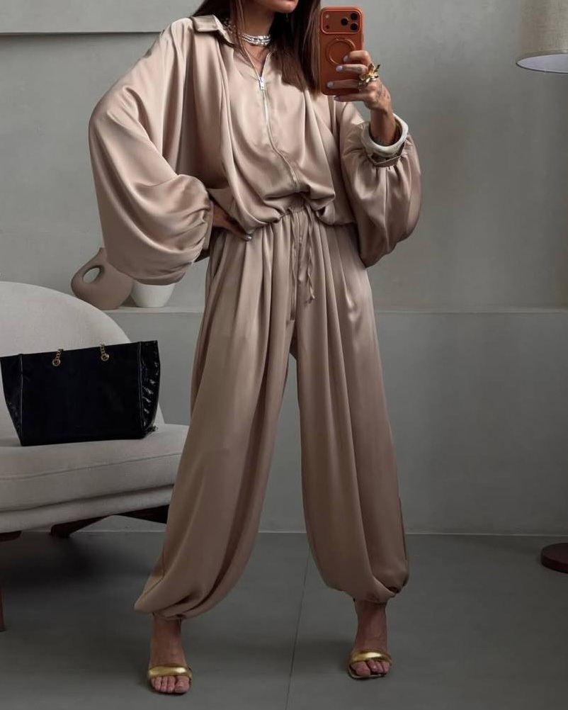 Lapel Casual Solid Color Loose Two-Piece Set