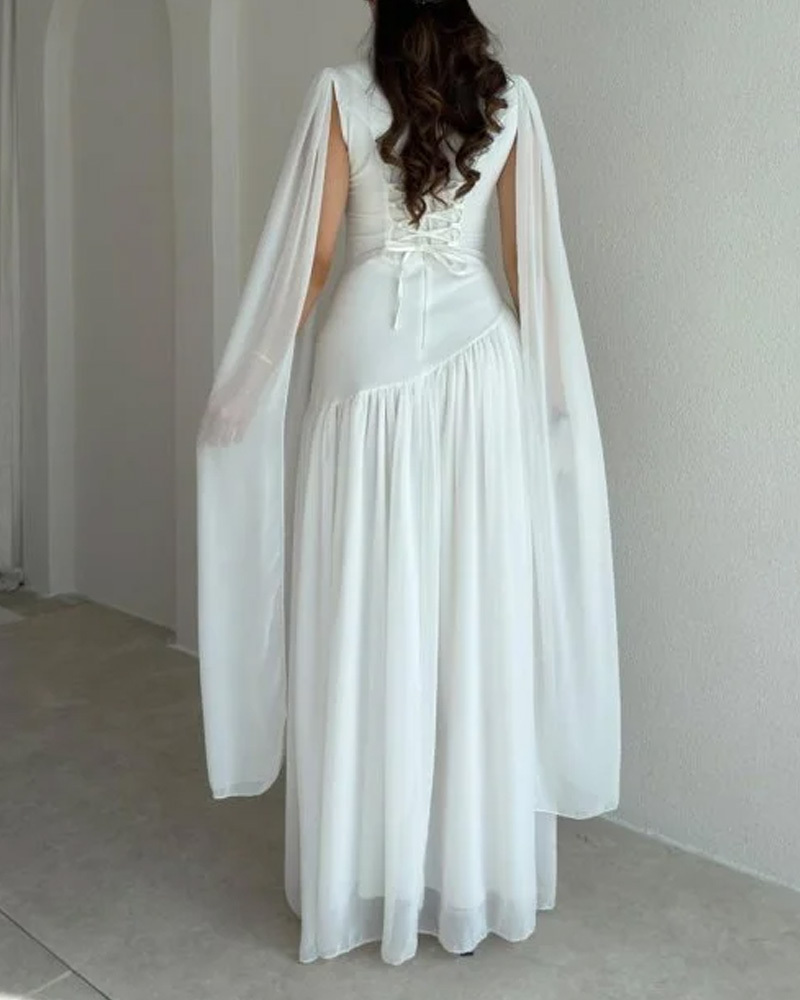 Elegant Shawl-Style Round Neck Solid Color Dress