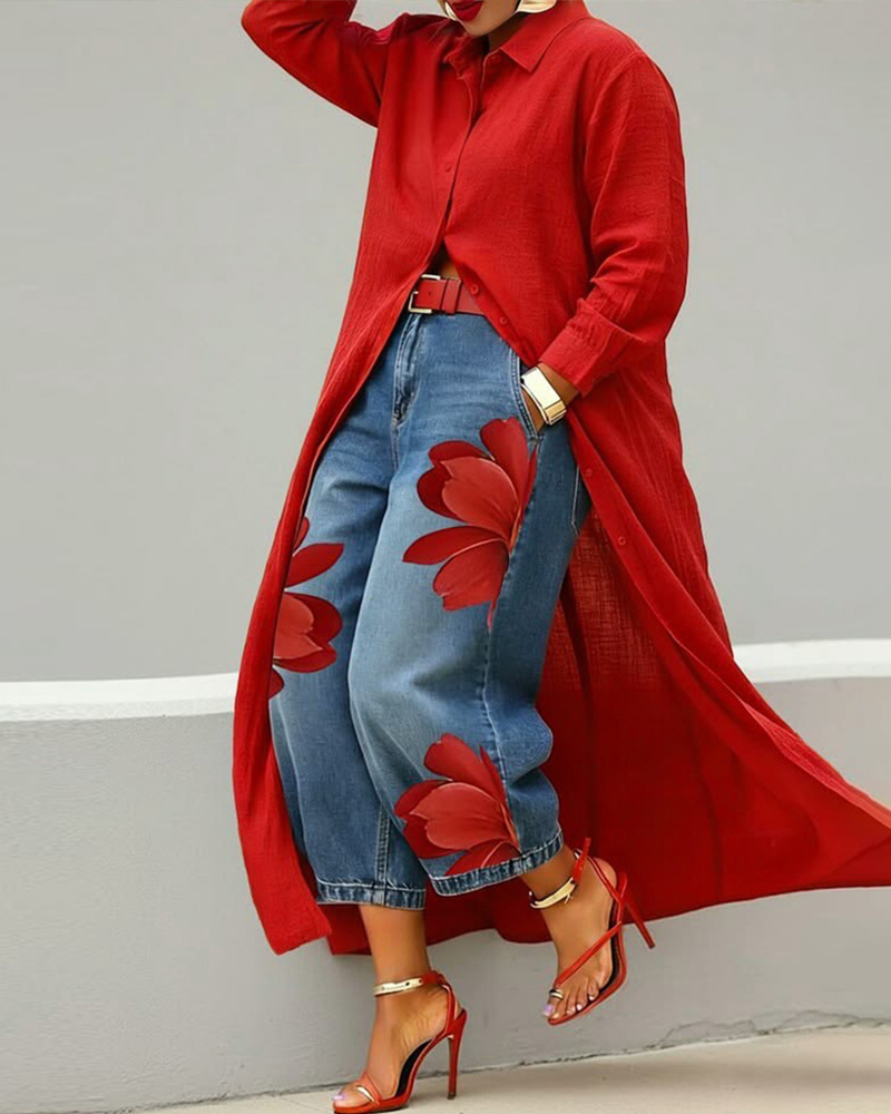 Casual Solid-Color Shirt Dress with Turn-Down Collar