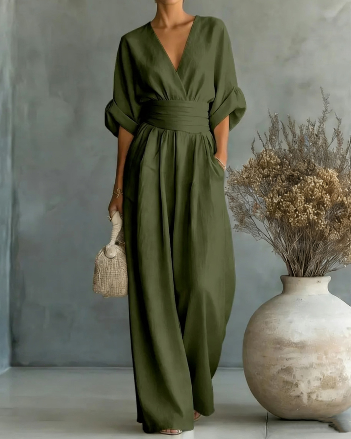 Solid-Color V-Neck Waist-Cinching Jumpsuit