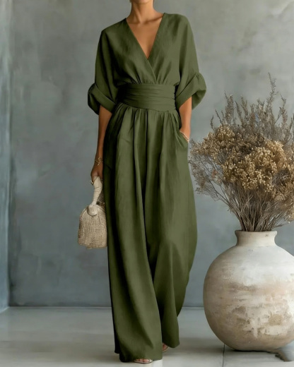 Solid-Color V-Neck Waist-Cinching Jumpsuit