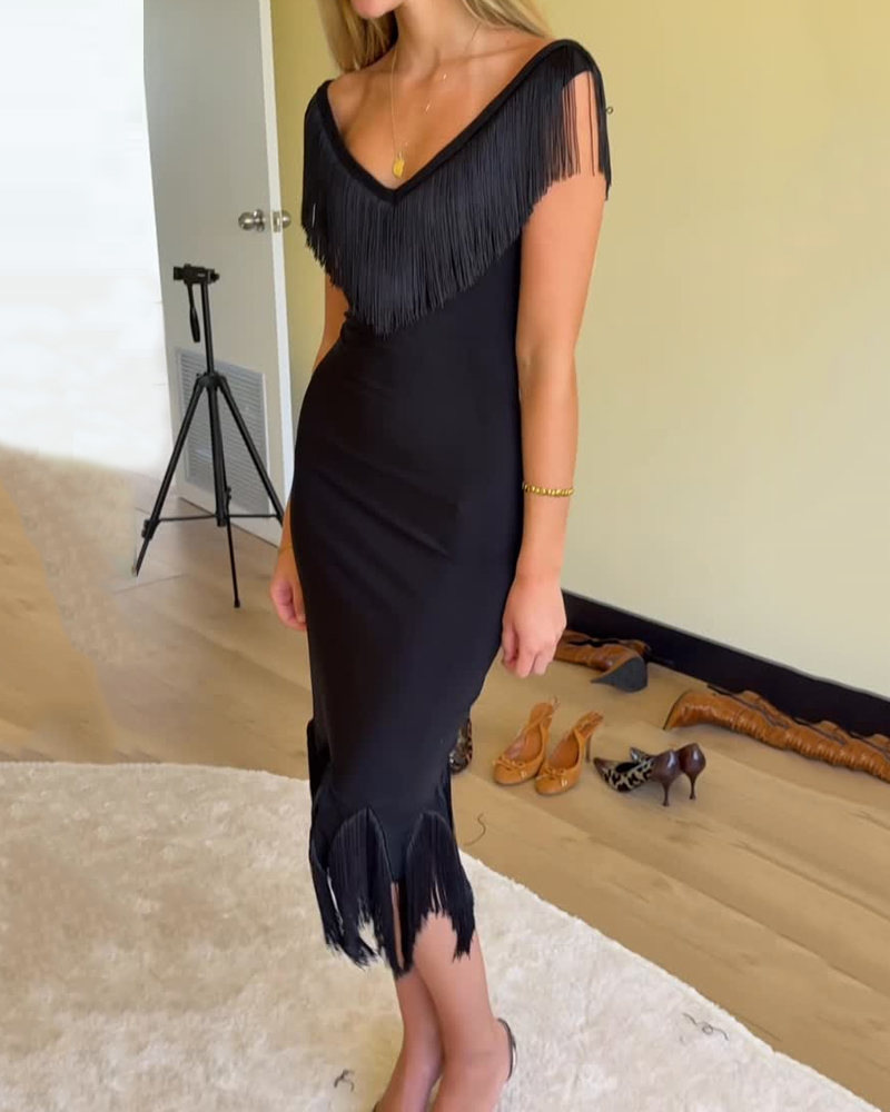 Elegant Tassel Solid Color Dress