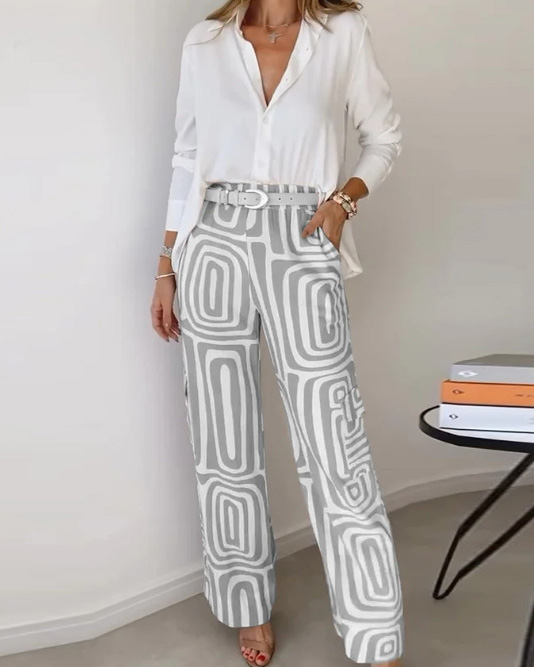 Two-piece set: collared casual solid color top + printed pants