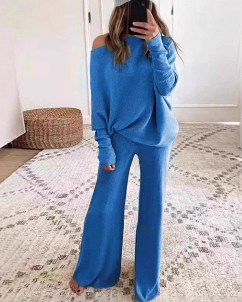 Solid Color Batwing Long-Sleeve Two-Piece Set