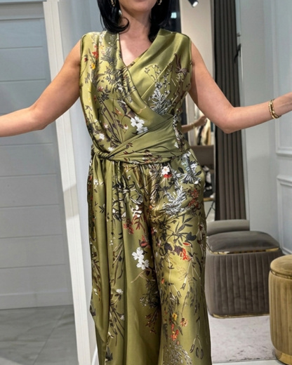 Sleeveless Printed Casual Two-Piece Set