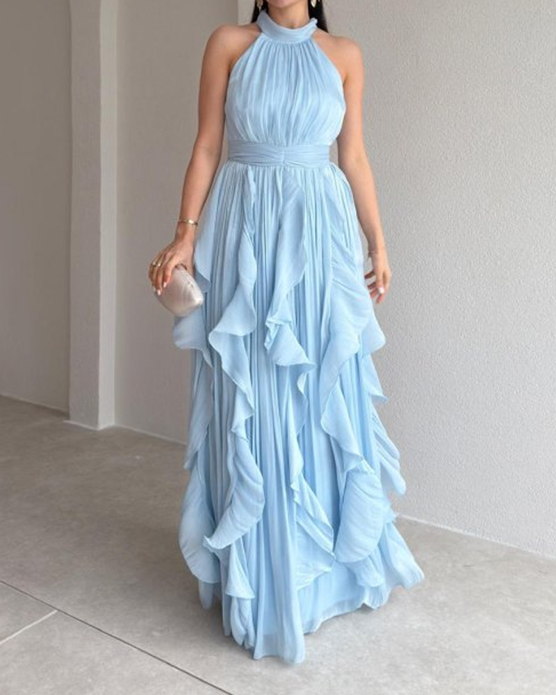 Elegant Multi-Layered Ruffled Solid Color Dress