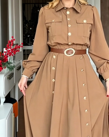Collared Long-Sleeved Solid Color Two-Piece Set