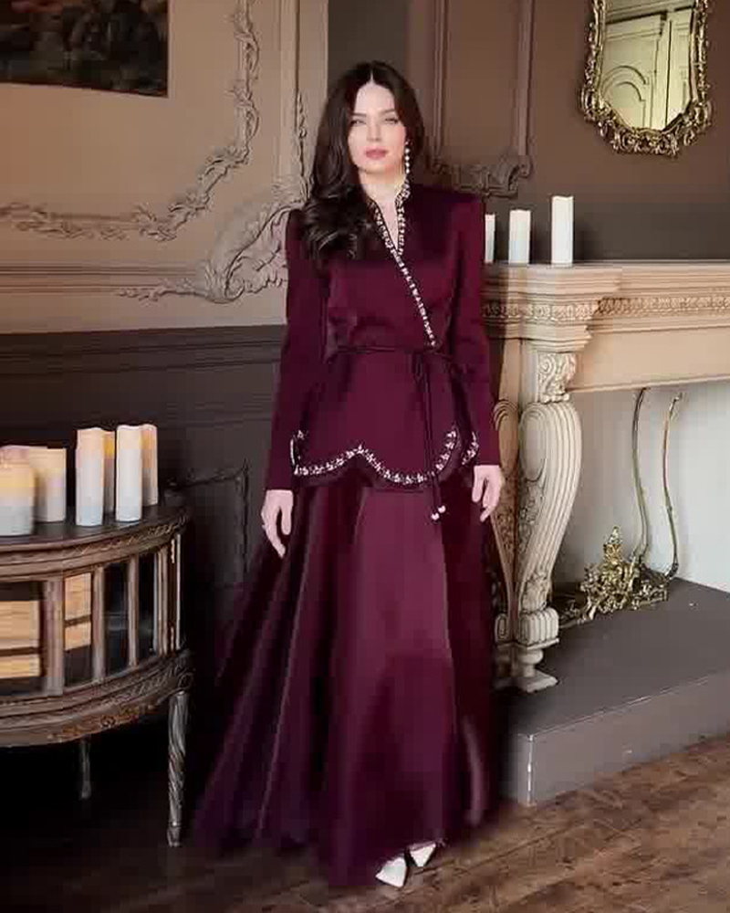 Elegant Two-Piece Maxi Dress Set with Ruffles and Rhinestone Embellishments