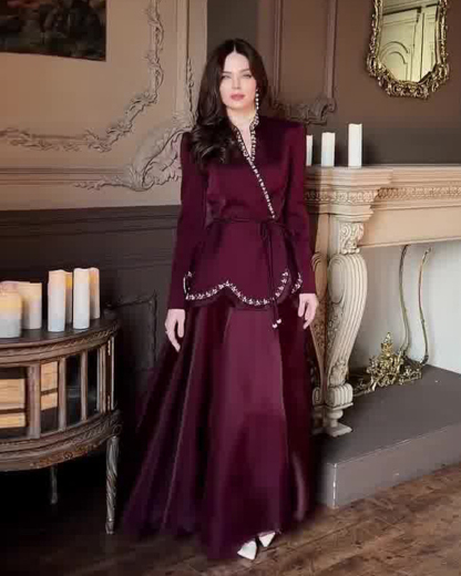 Elegant Two-Piece Maxi Dress Set with Ruffles and Rhinestone Embellishments