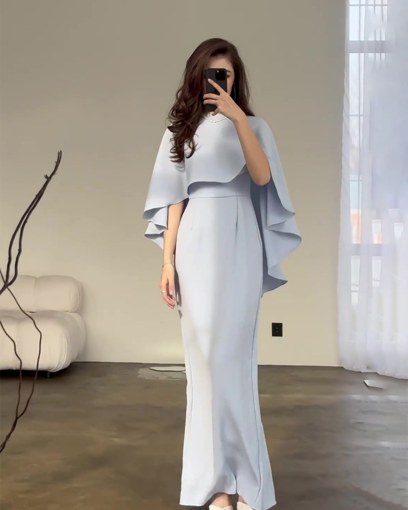 Elegant Solid-Color Satin Dress with Batwing Sleeves and Cinched Waist