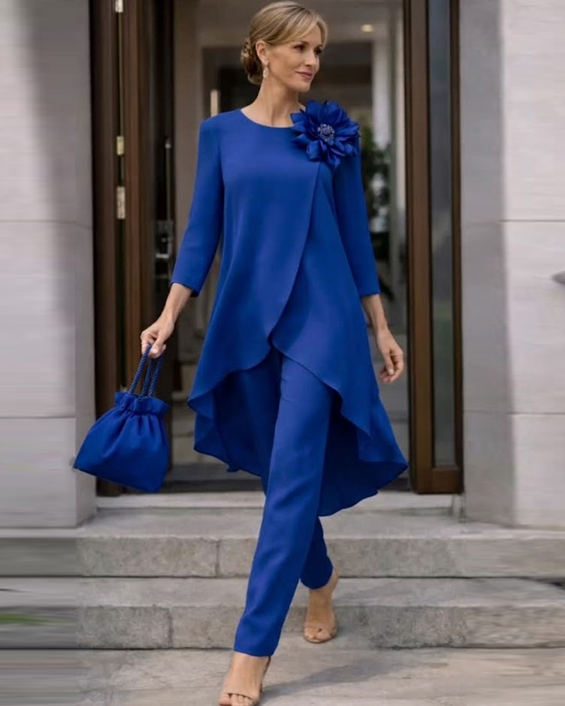 Royal Blue Formal Coord Set with Flower Brooch Detail