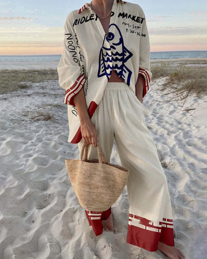 Collared Print Vacation Casual Two-Piece Set