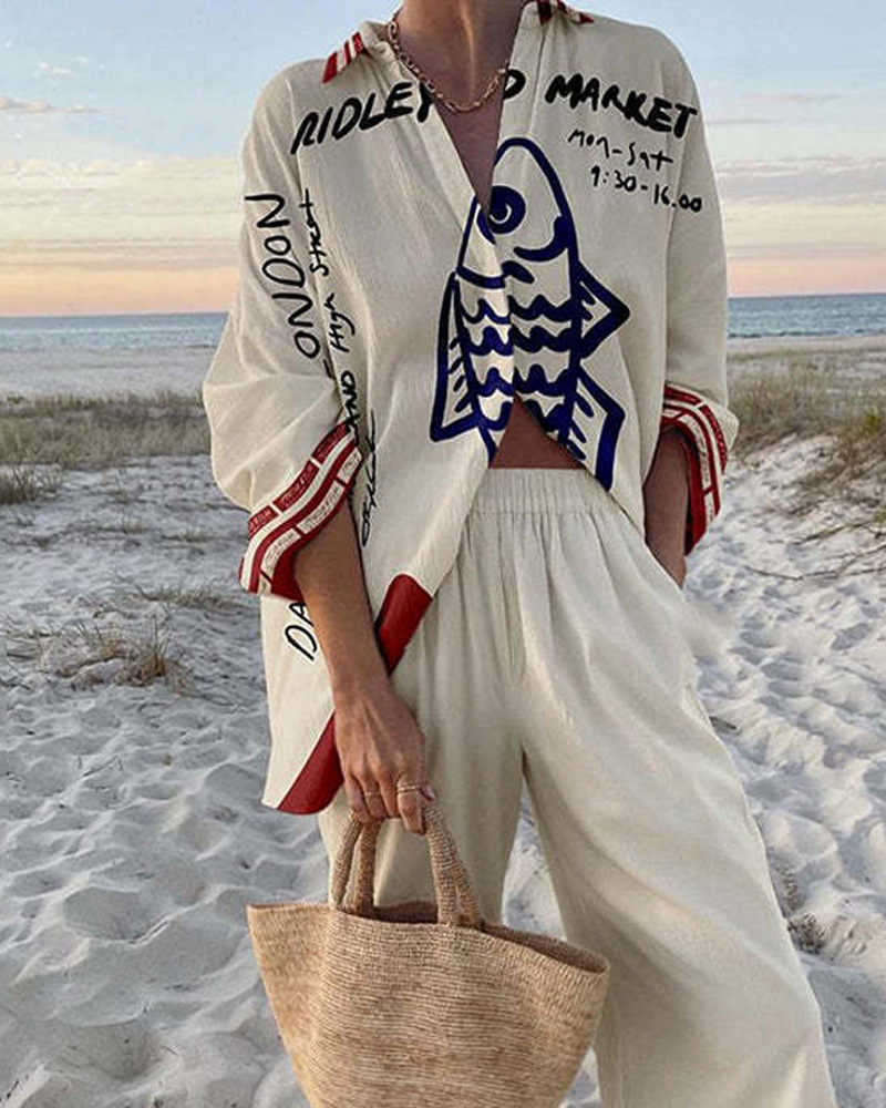 Collared Print Vacation Casual Two-Piece Set