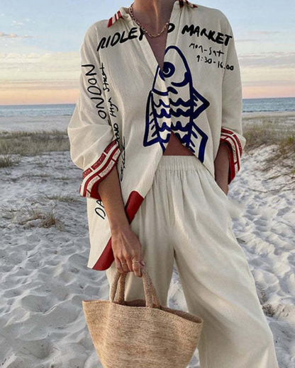 Collared Print Vacation Casual Two-Piece Set
