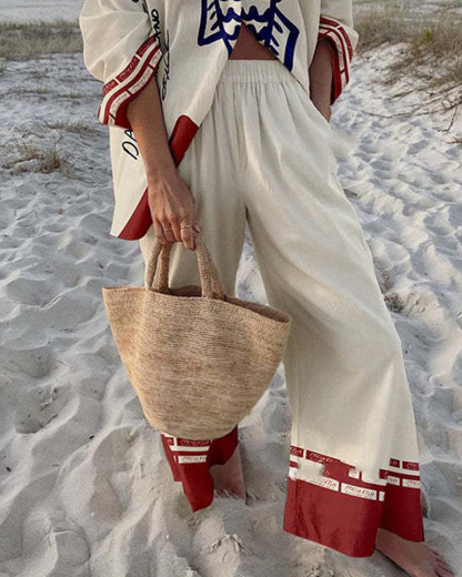 Collared Print Vacation Casual Two-Piece Set