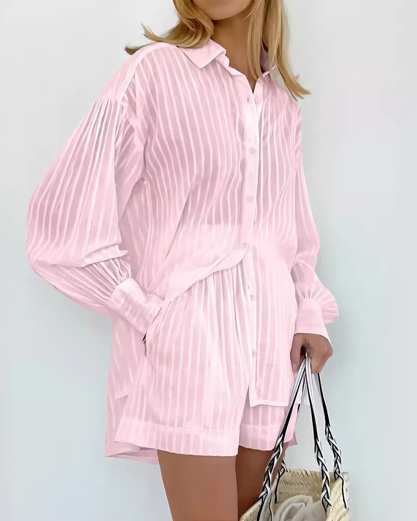 Collared Casual Striped Print Mini Two-Piece Set