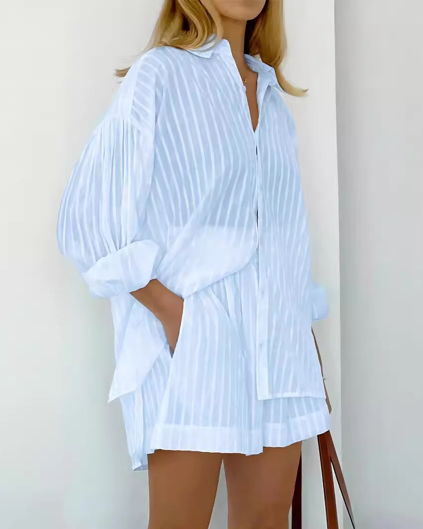 Collared Casual Striped Print Mini Two-Piece Set