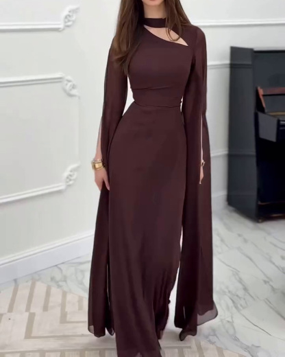 Elegant Shawl-Style Openwork Solid Color Dress