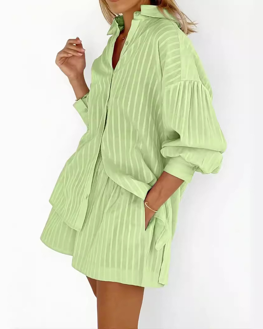 Collared Casual Striped Print Mini Two-Piece Set
