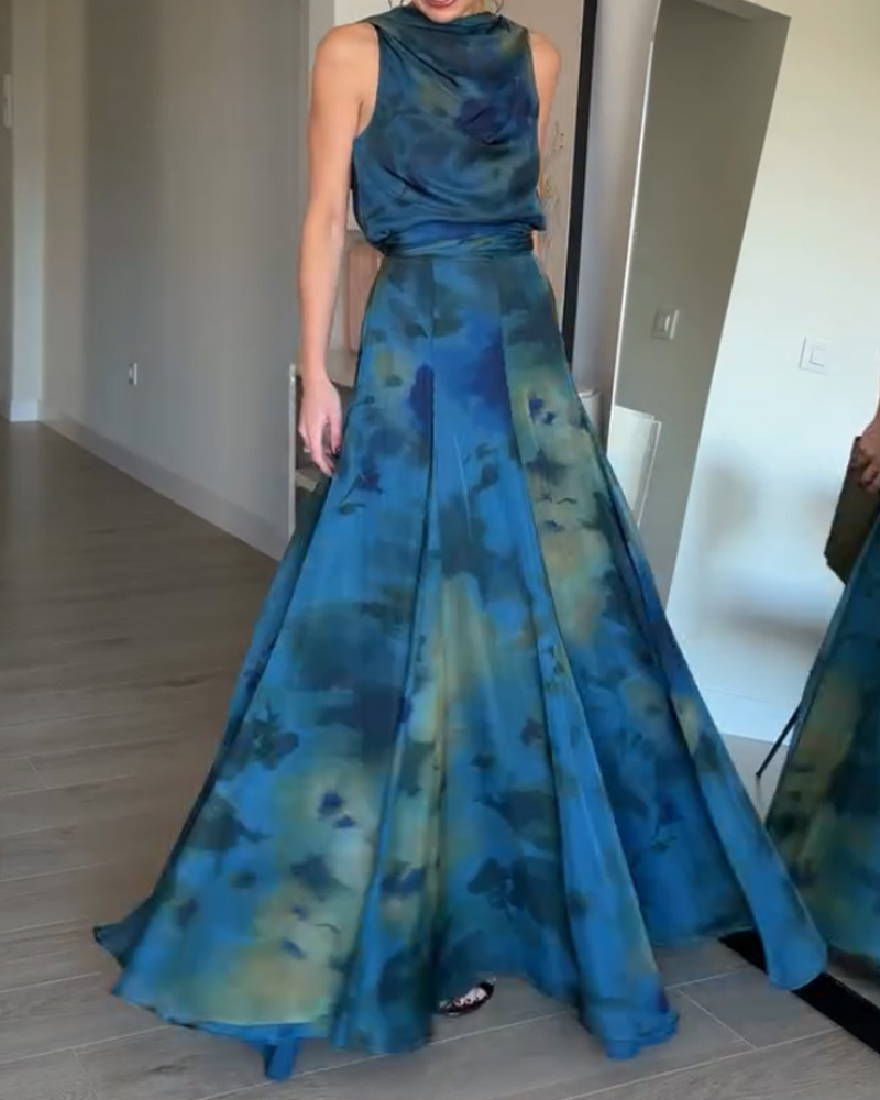 Elegant Sleeveless Printed two-piece