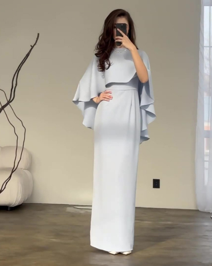 Elegant Solid-Color Satin Dress with Batwing Sleeves and Cinched Waist