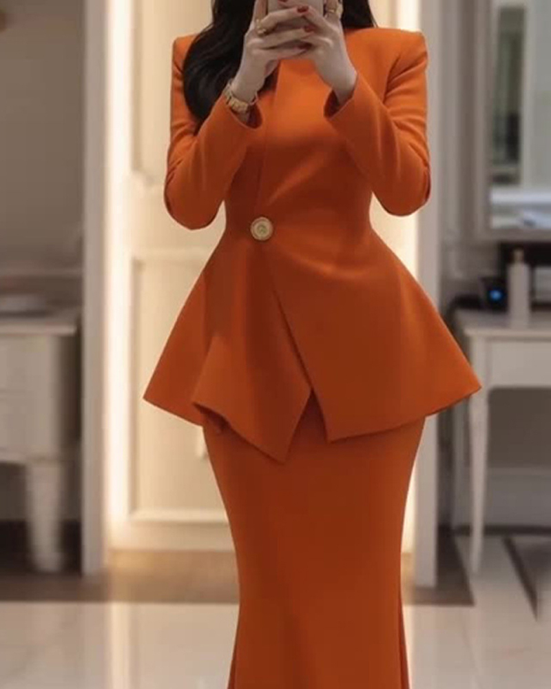Two-Piece Set: Round-Neck, Long-Sleeve, Waist-Cinching Top & Hip-Hugging Skirt (Orange)