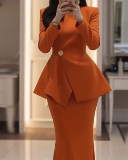 Two-Piece Set: Round-Neck, Long-Sleeve, Waist-Cinching Top & Hip-Hugging Skirt (Orange)