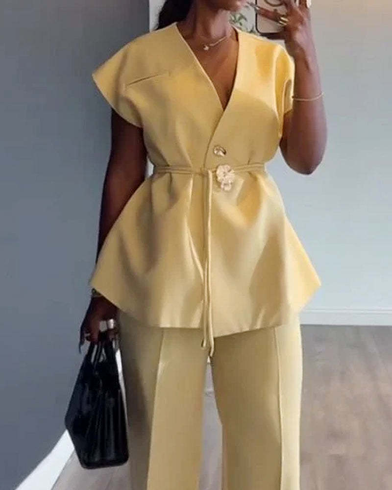 Sleeveless casual solid color two-piece set