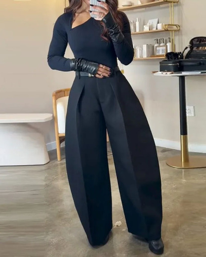 Casual long-sleeved solid color two-piece set