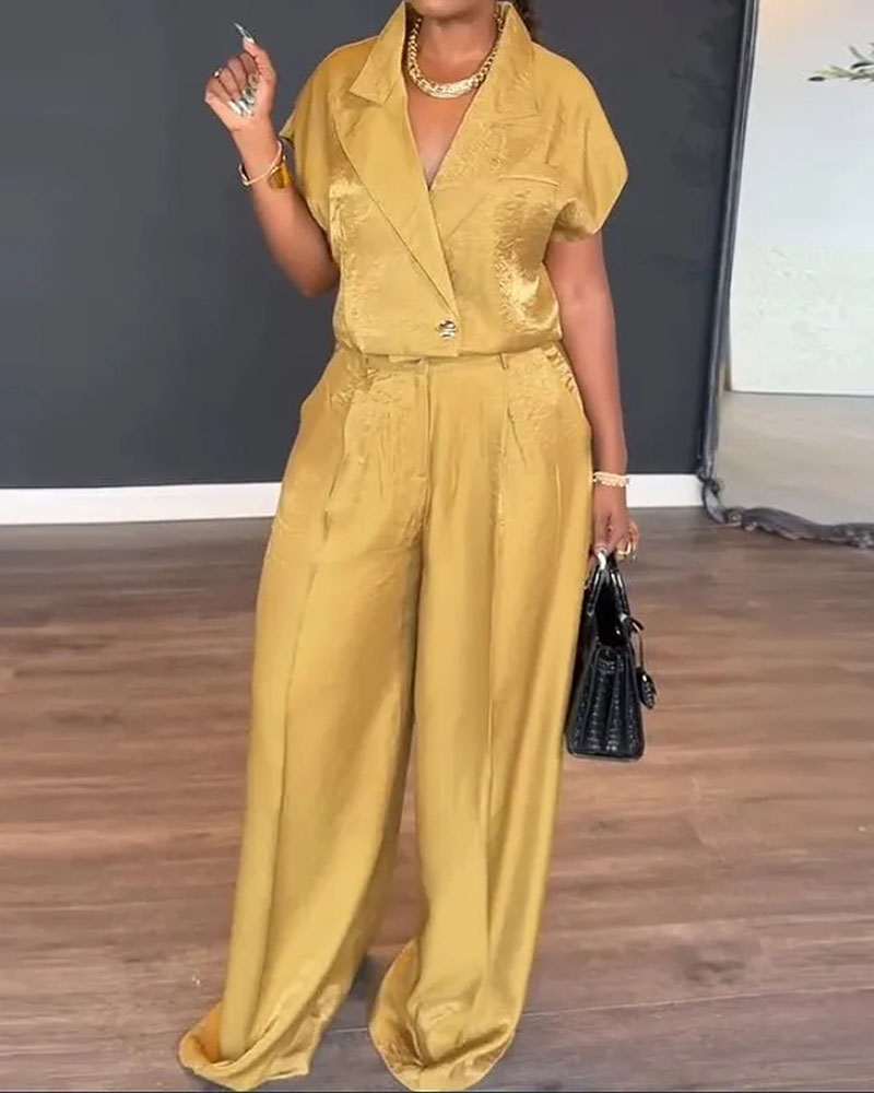 Collared short-sleeved solid color two-piece set