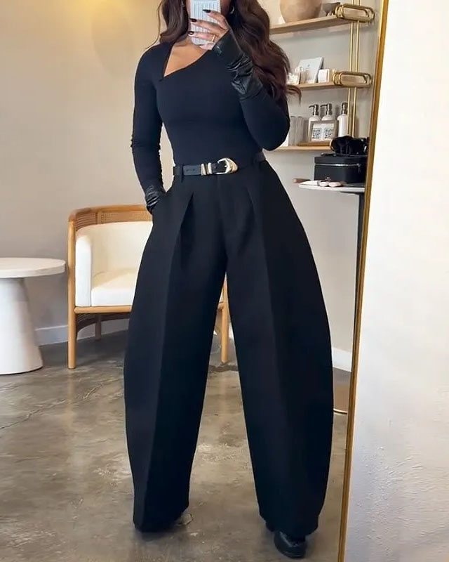 Casual long-sleeved solid color two-piece set
