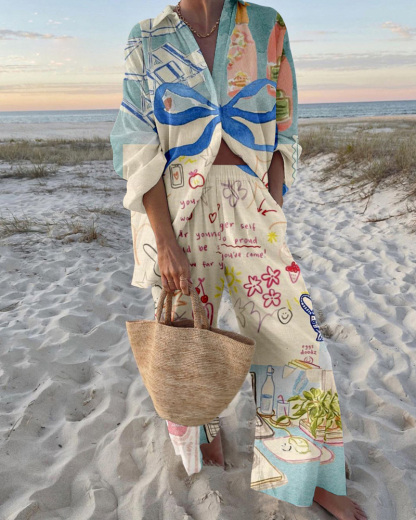Collared Print Vacation Casual Two-Piece Set