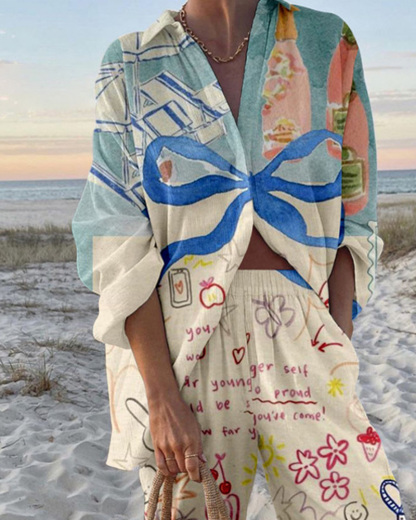 Collared Print Vacation Casual Two-Piece Set