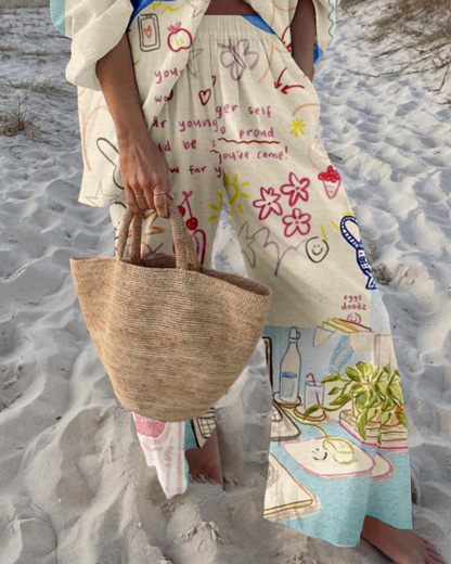 Collared Print Vacation Casual Two-Piece Set