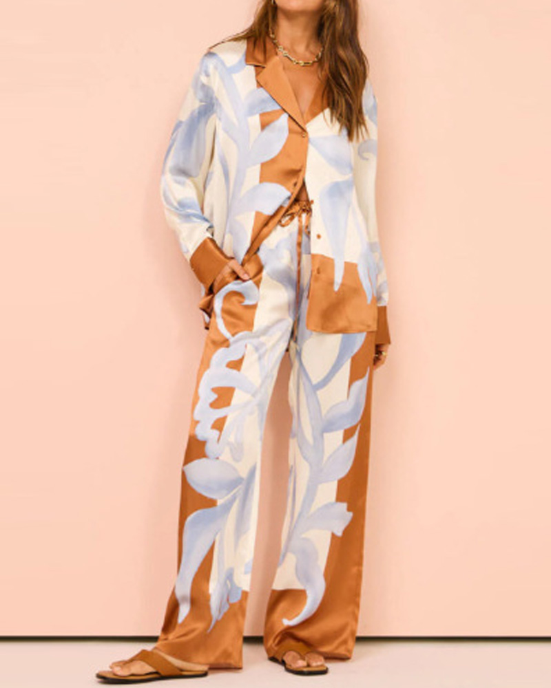 Collared Print Vacation Casual Two-Piece Set