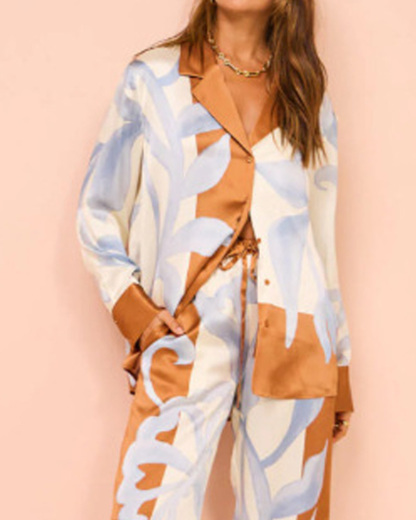 Collared Print Vacation Casual Two-Piece Set