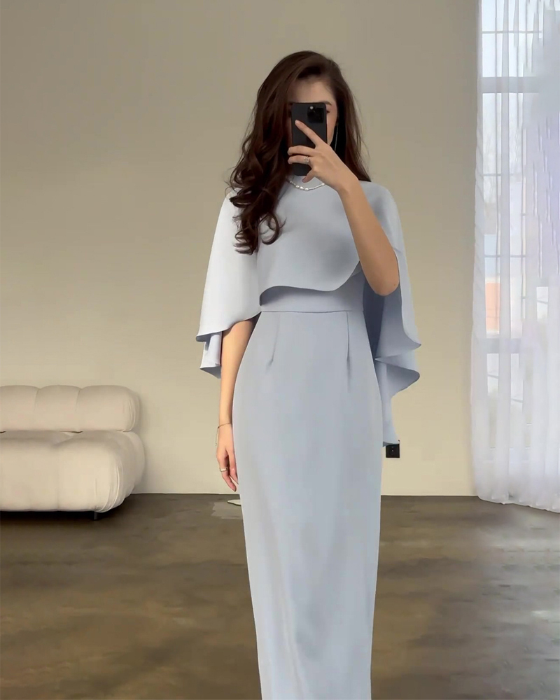 Elegant Solid-Color Satin Dress with Batwing Sleeves and Cinched Waist