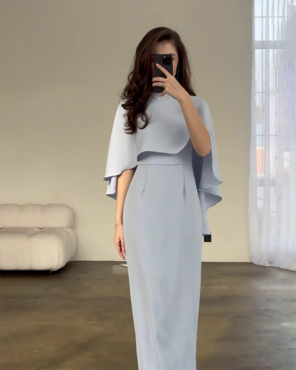 Elegant Solid-Color Satin Dress with Batwing Sleeves and Cinched Waist