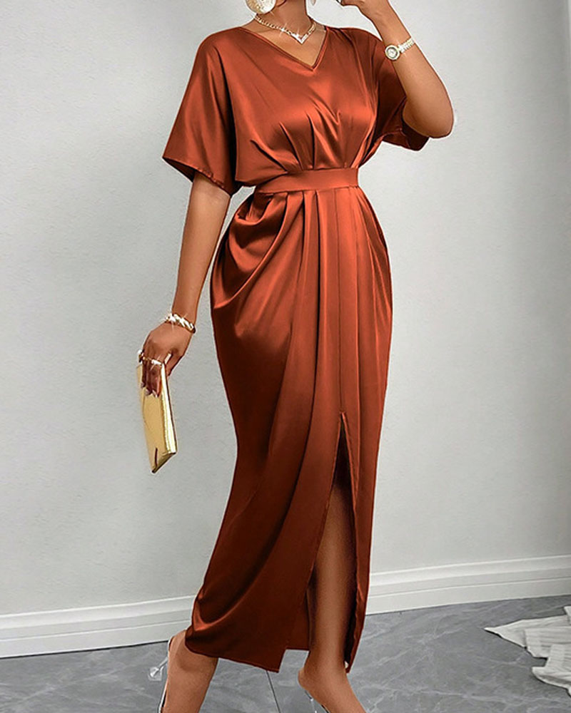 Short-Sleeve High-Waist Slit Bodycon Dress