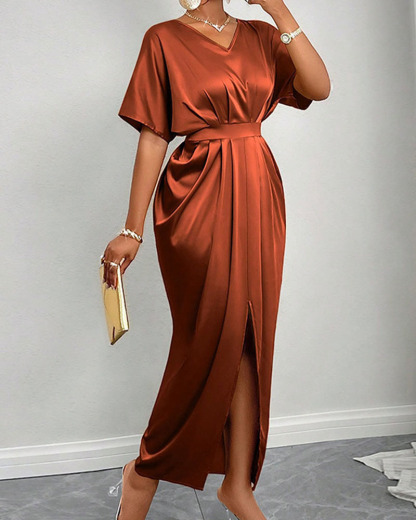 Short-Sleeve High-Waist Slit Bodycon Dress