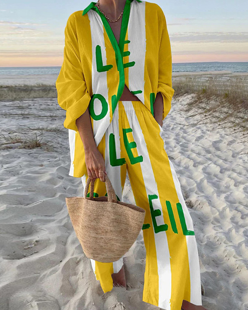 Collared Print Vacation Casual Two-Piece Set
