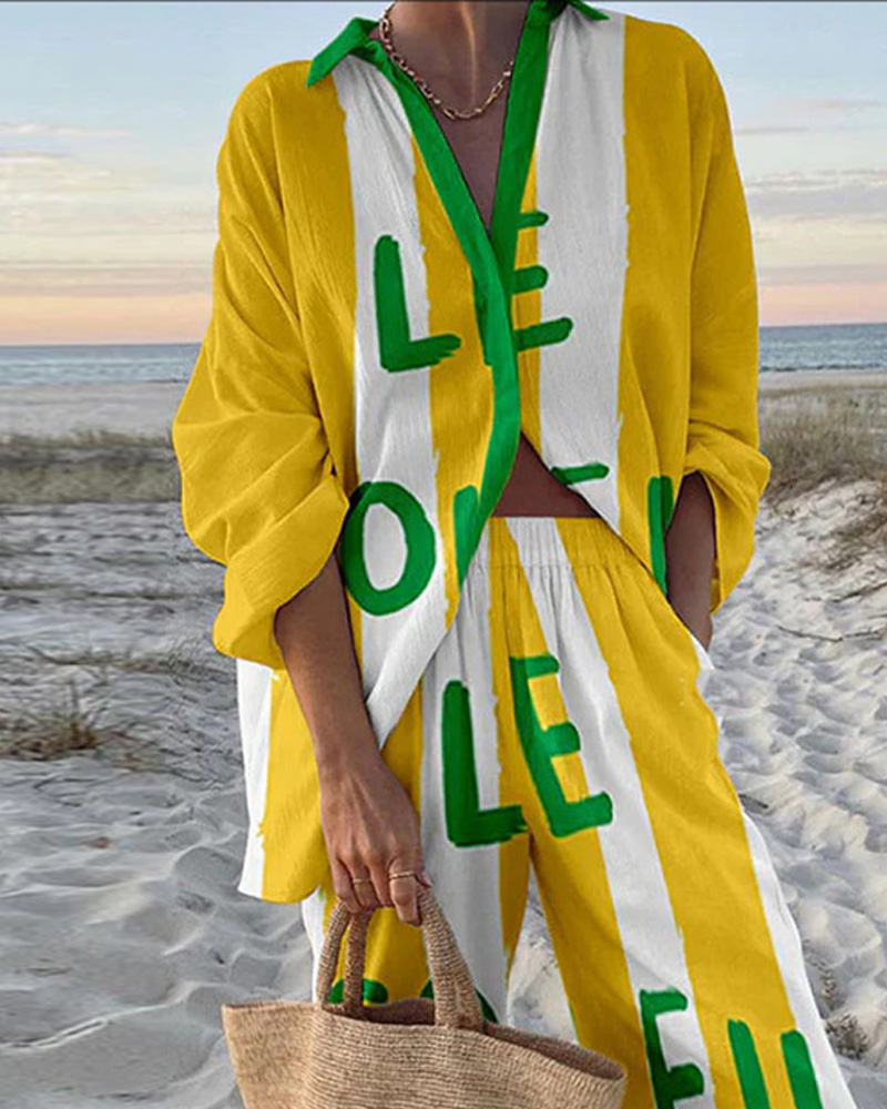 Collared Print Vacation Casual Two-Piece Set