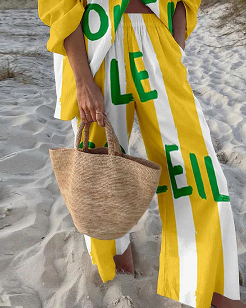 Collared Print Vacation Casual Two-Piece Set
